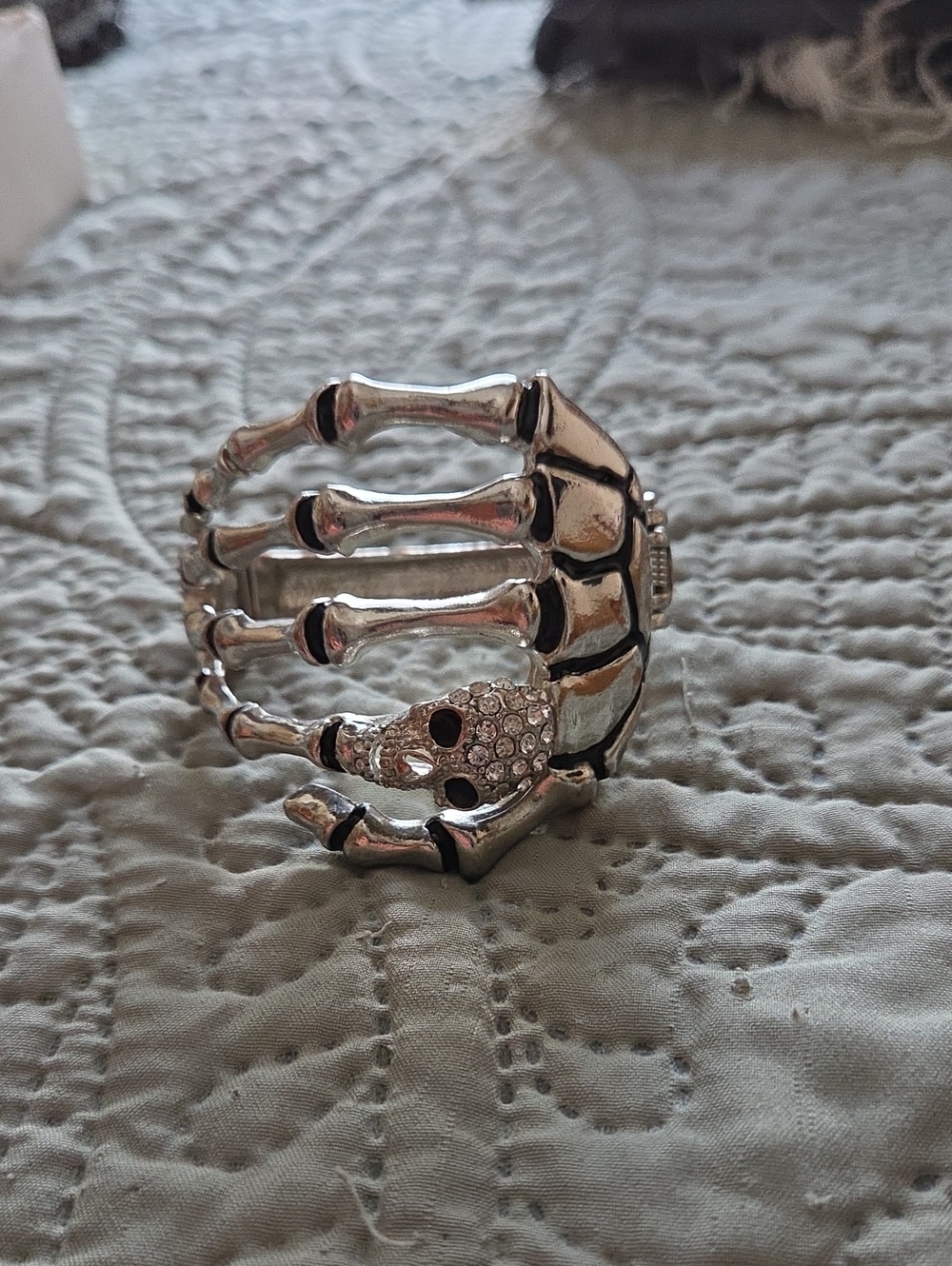 Silver Skeleton Hand Crystal Accent Cuff Bracelet